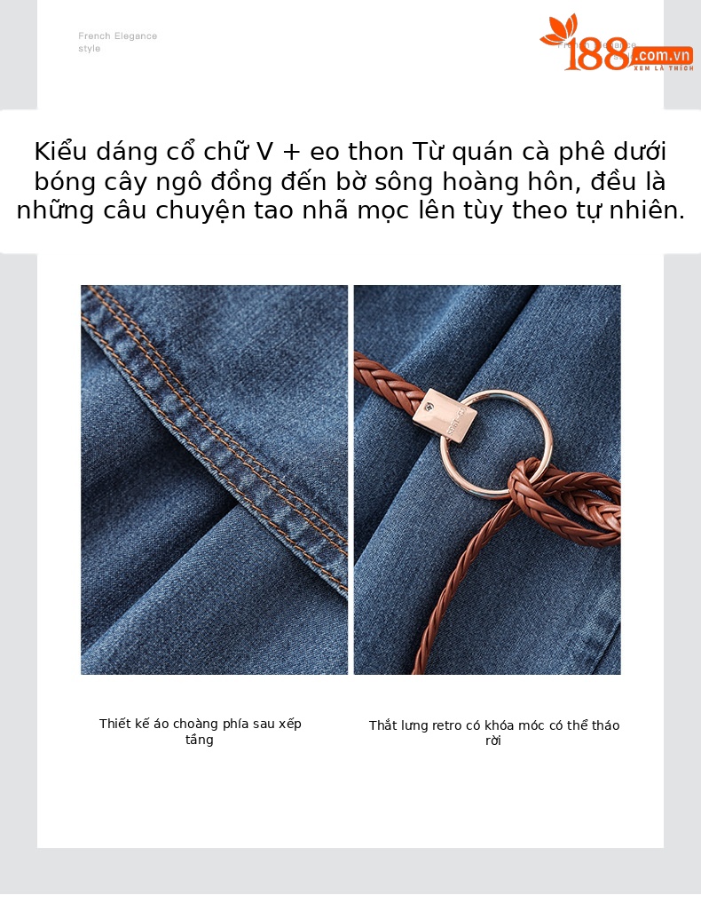 Váy liền denim Tiansi dáng maxi thắt eo phong cách Pháp mùa hè — Màu xanh lam chi tiết 4