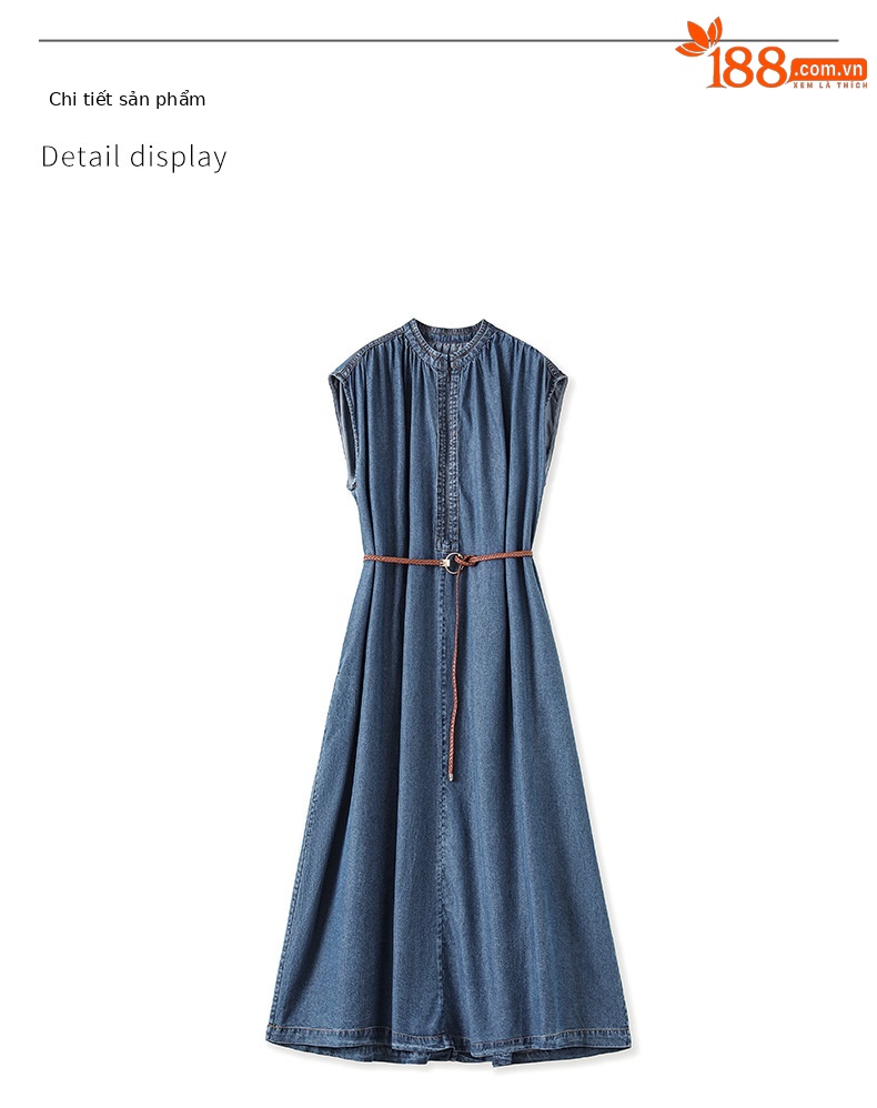 Váy liền denim Tiansi dáng maxi thắt eo phong cách Pháp mùa hè — Màu xanh lam chi tiết 9