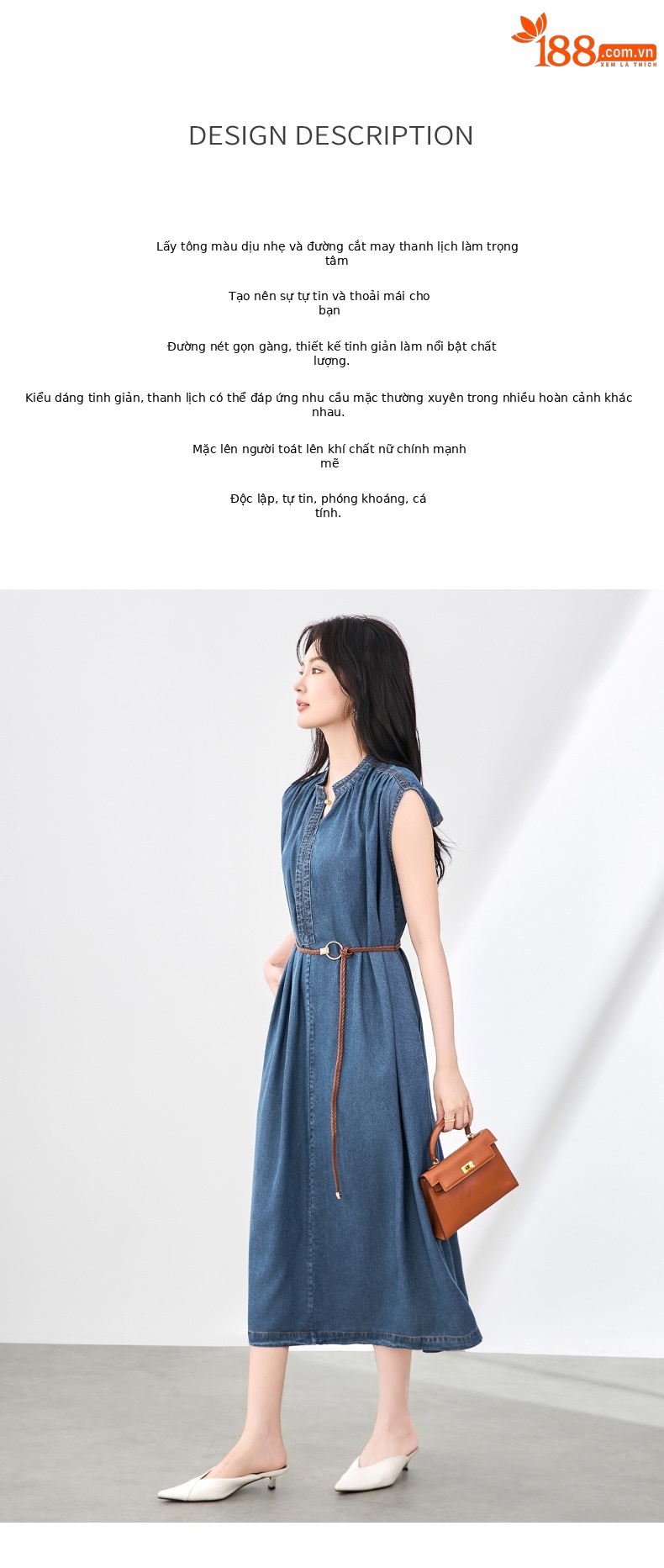 Váy liền denim Tiansi dáng maxi thắt eo phong cách Pháp mùa hè — Màu xanh lam chi tiết 2