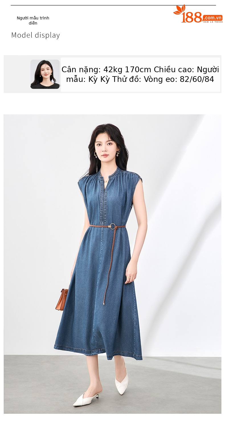 Váy liền denim Tiansi dáng maxi thắt eo phong cách Pháp mùa hè — Màu xanh lam chi tiết 5