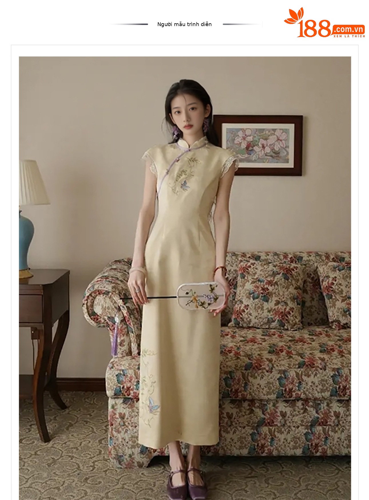Váy sườn xám thêu cải tiến cao cấp cổ đứng tay bồng phong cách dân tộc mùa hè — Màu trắng, Màu mơ chi tiết 1