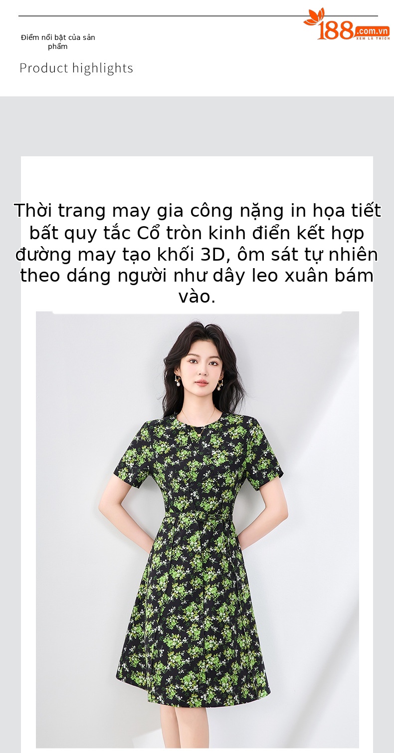 Váy ngắn liền thân in họa tiết cổ điển kiểu Pháp, tôn dáng mùa hè — Màu xanh lá chi tiết 4