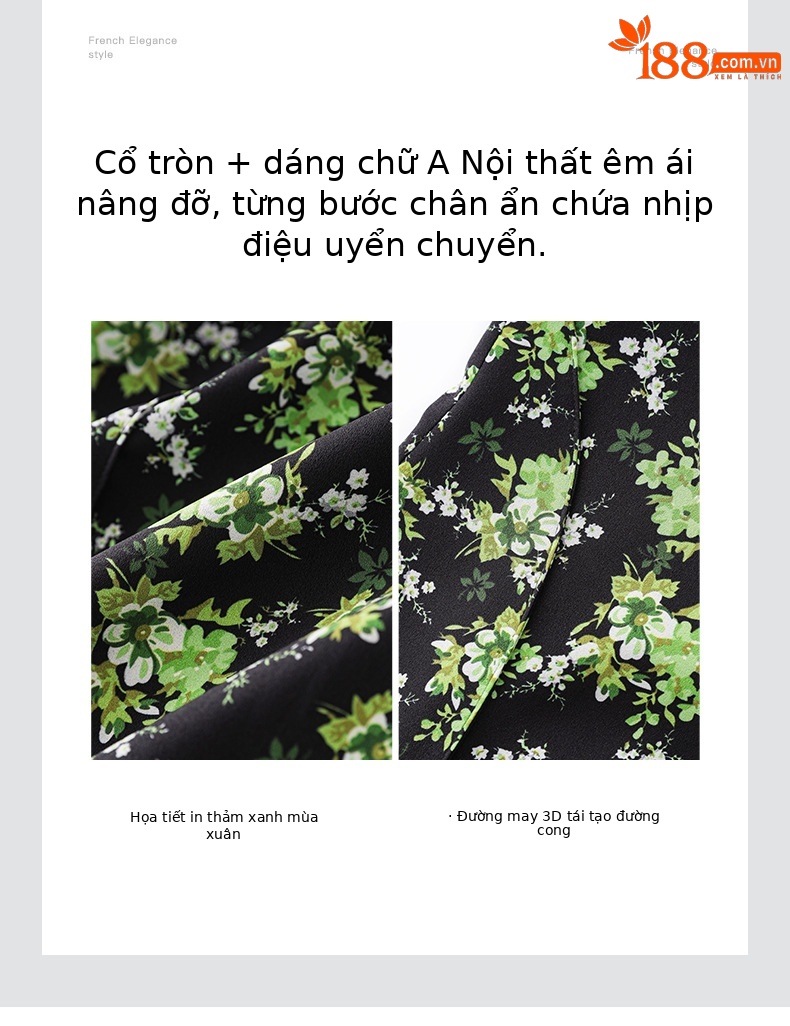 Váy ngắn liền thân in họa tiết cổ điển kiểu Pháp, tôn dáng mùa hè — Màu xanh lá chi tiết 5