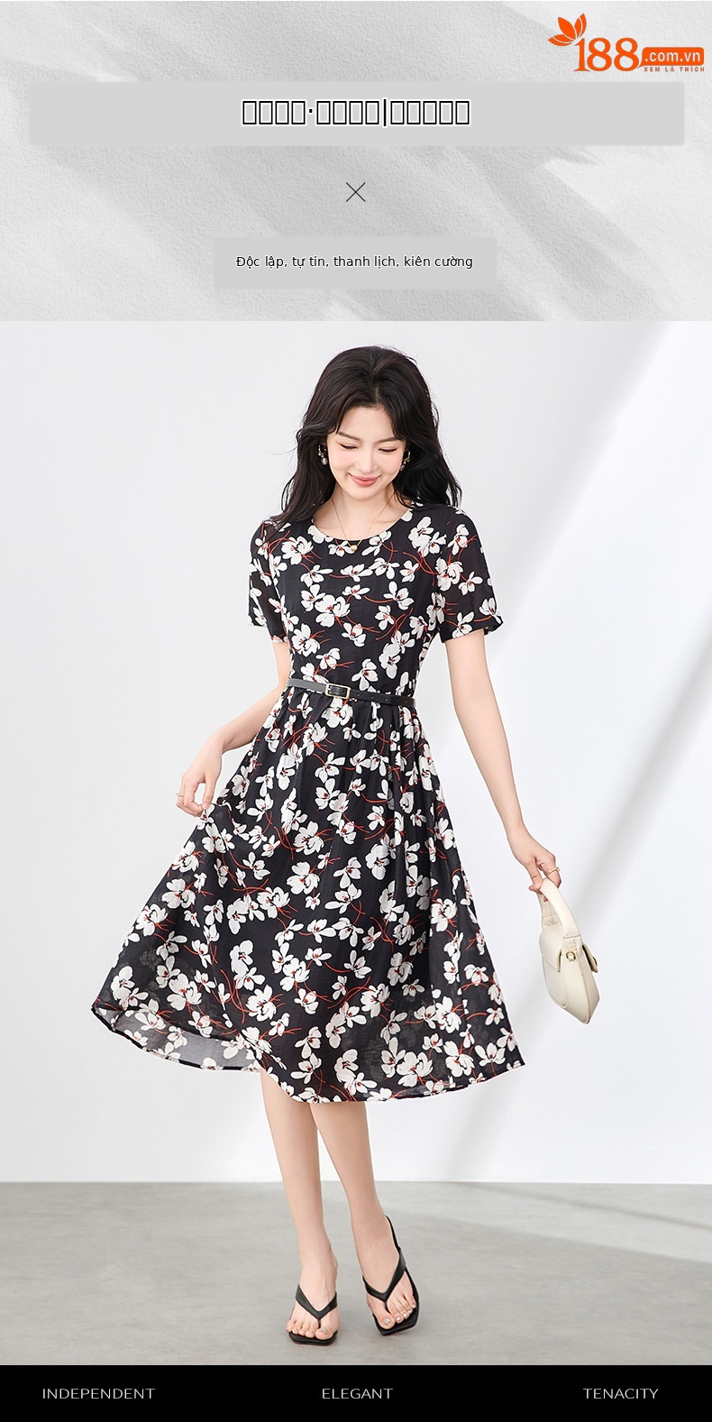 Váy maxi nữ tay ngắn thắt lưng chất liệu Tencel linen in họa tiết — Màu đen chi tiết 1