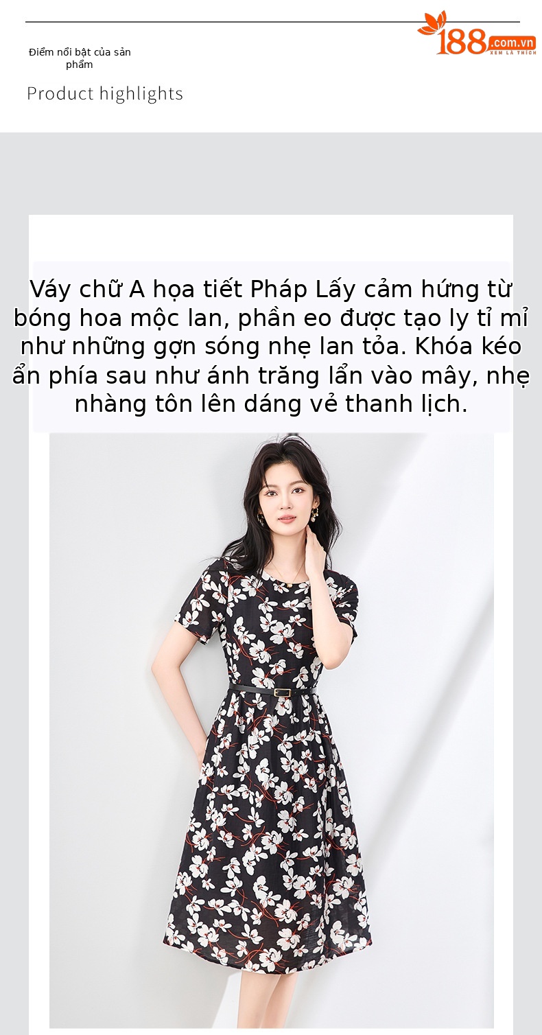 Váy maxi nữ tay ngắn thắt lưng chất liệu Tencel linen in họa tiết — Màu đen chi tiết 4