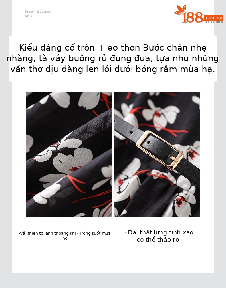 Váy maxi nữ tay ngắn thắt lưng chất liệu Tencel linen in họa tiết — Màu đen chi tiết 5