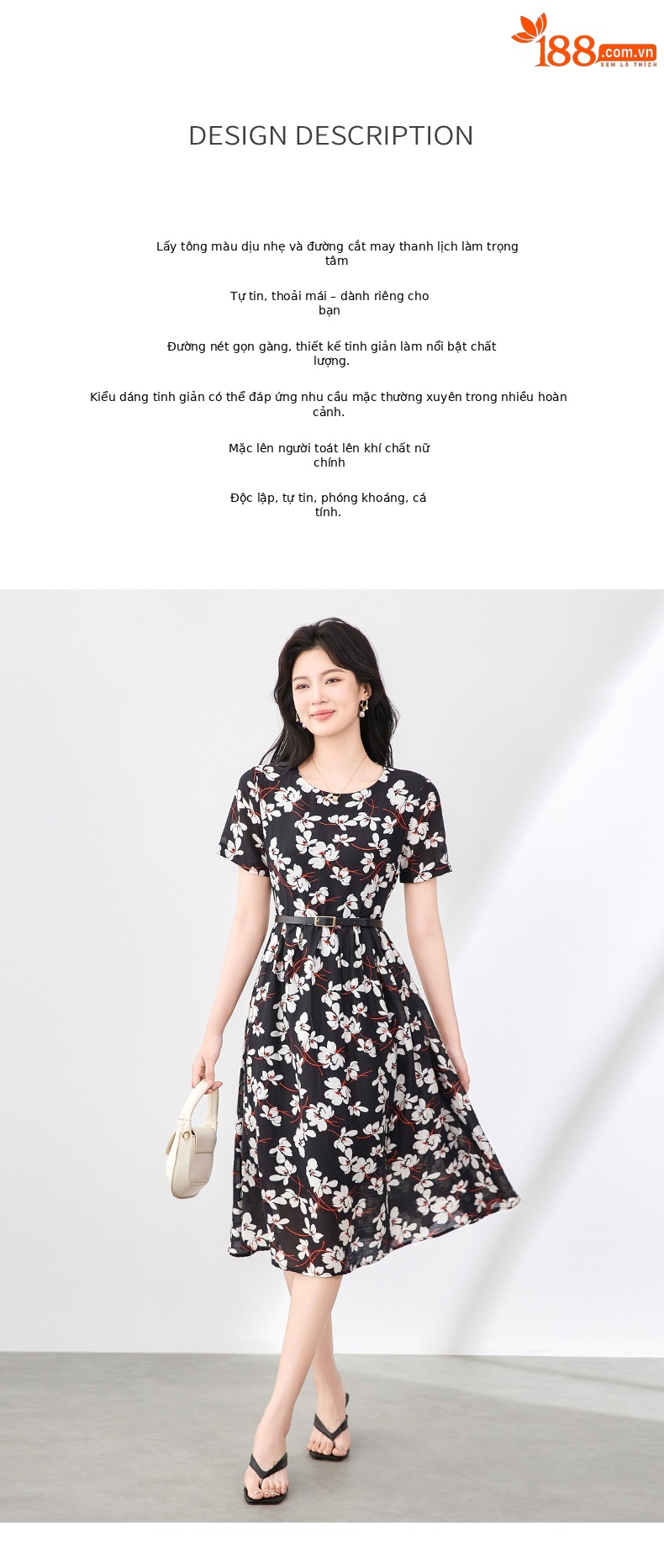Váy maxi nữ tay ngắn thắt lưng chất liệu Tencel linen in họa tiết — Màu đen chi tiết 2