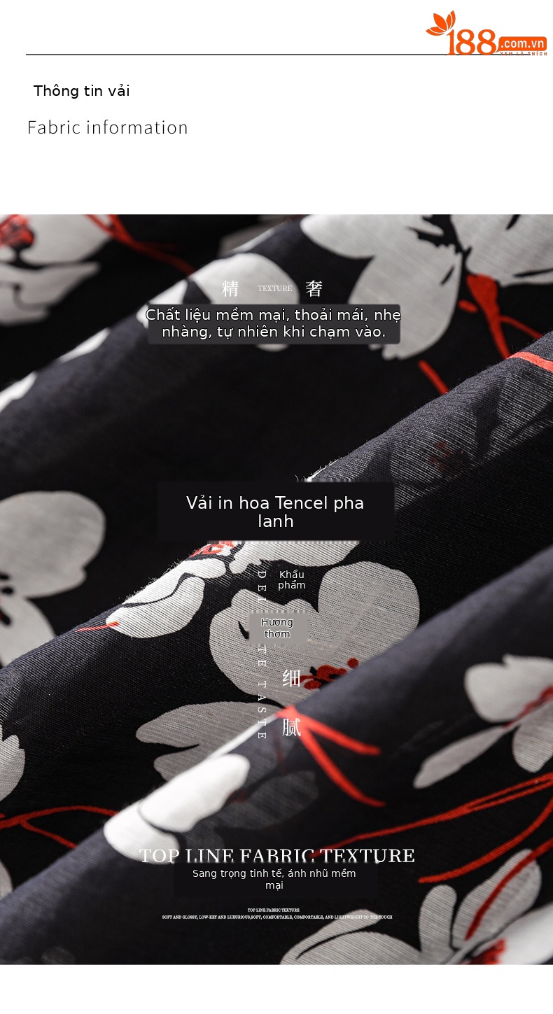 Váy maxi nữ tay ngắn thắt lưng chất liệu Tencel linen in họa tiết — Màu đen chi tiết 3