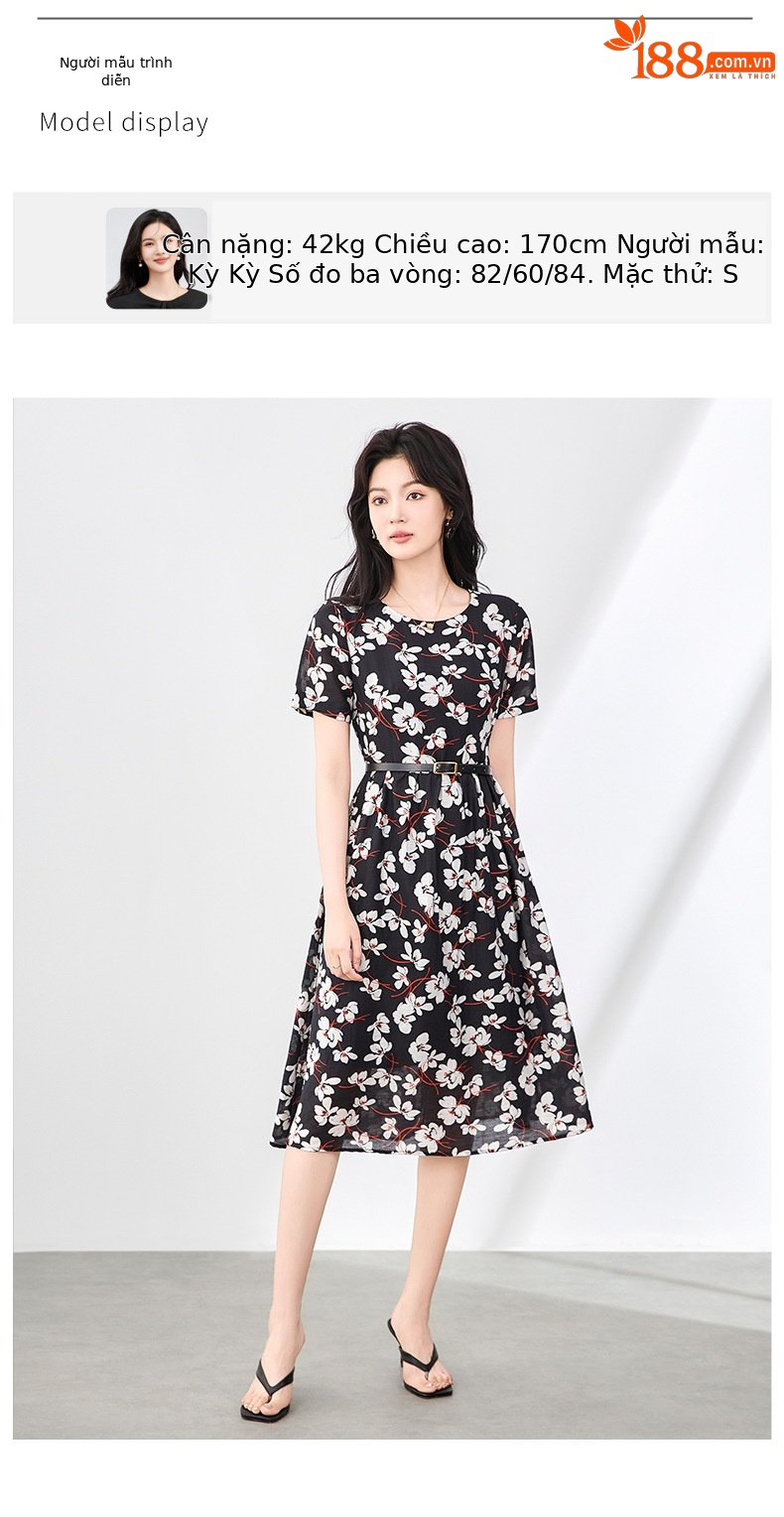 Váy maxi nữ tay ngắn thắt lưng chất liệu Tencel linen in họa tiết — Màu đen chi tiết 6