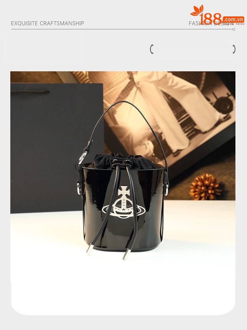 Túi bucket nữ da thật kiểu dáng thanh lịch, đeo chéo và xách tay đa năng — Vân cá sấu đen, Da bóng đen, Vân vải đen chi tiết 12