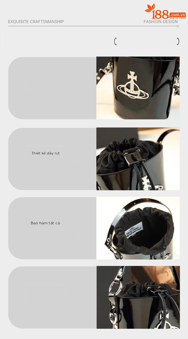Túi bucket nữ da thật kiểu dáng thanh lịch, đeo chéo và xách tay đa năng — Vân cá sấu đen, Da bóng đen, Vân vải đen chi tiết 2