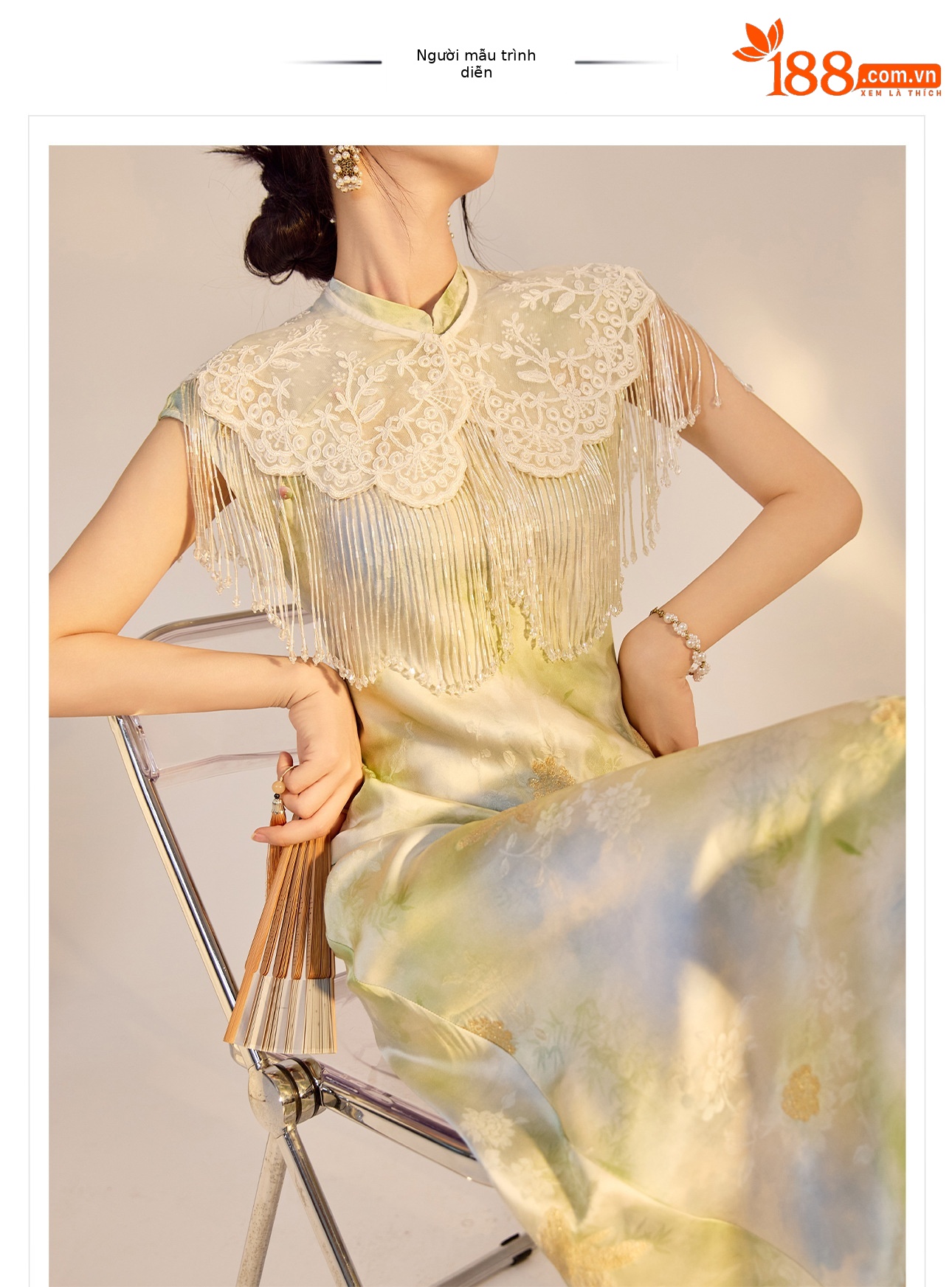 Váy Qipao cải tiến cao cấp phong cách Trung Quốc mới, in họa tiết tinh tế, cổ đứng ôm sát N5008 — Hiển thị màu xanh chi tiết 1