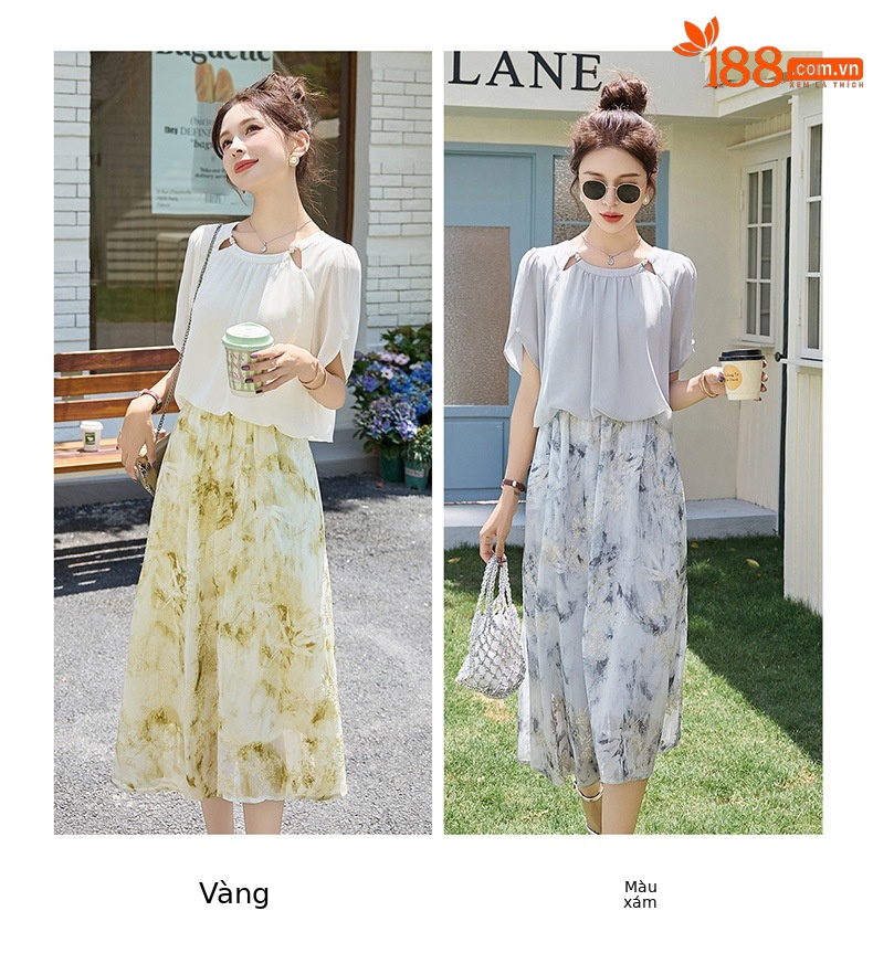 Váy liền tay ngắn thiết kế giả hai mảnh thêu hoa mới 2025 — Màu xám, Màu vàng chi tiết 12
