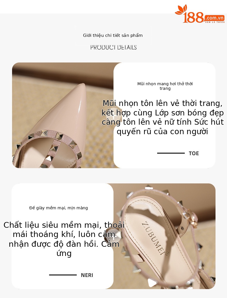 Giày sandal cao gót nữ mũi nhọn đinh tán gót nhọn, phong cách cá tính — Trắng be chi tiết 1