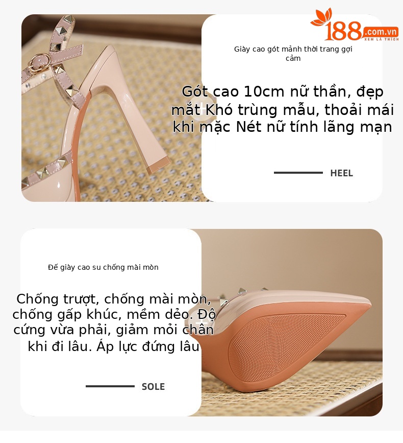 Giày sandal cao gót nữ mũi nhọn đinh tán gót nhọn, phong cách cá tính — Trắng be chi tiết 2