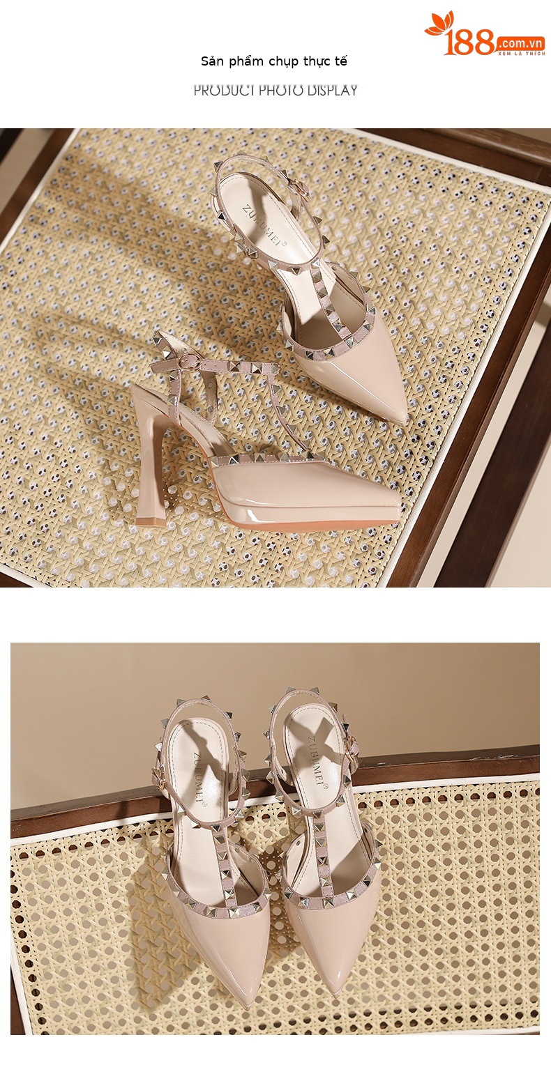 Giày sandal cao gót nữ mũi nhọn đinh tán gót nhọn, phong cách cá tính — Trắng be chi tiết 7