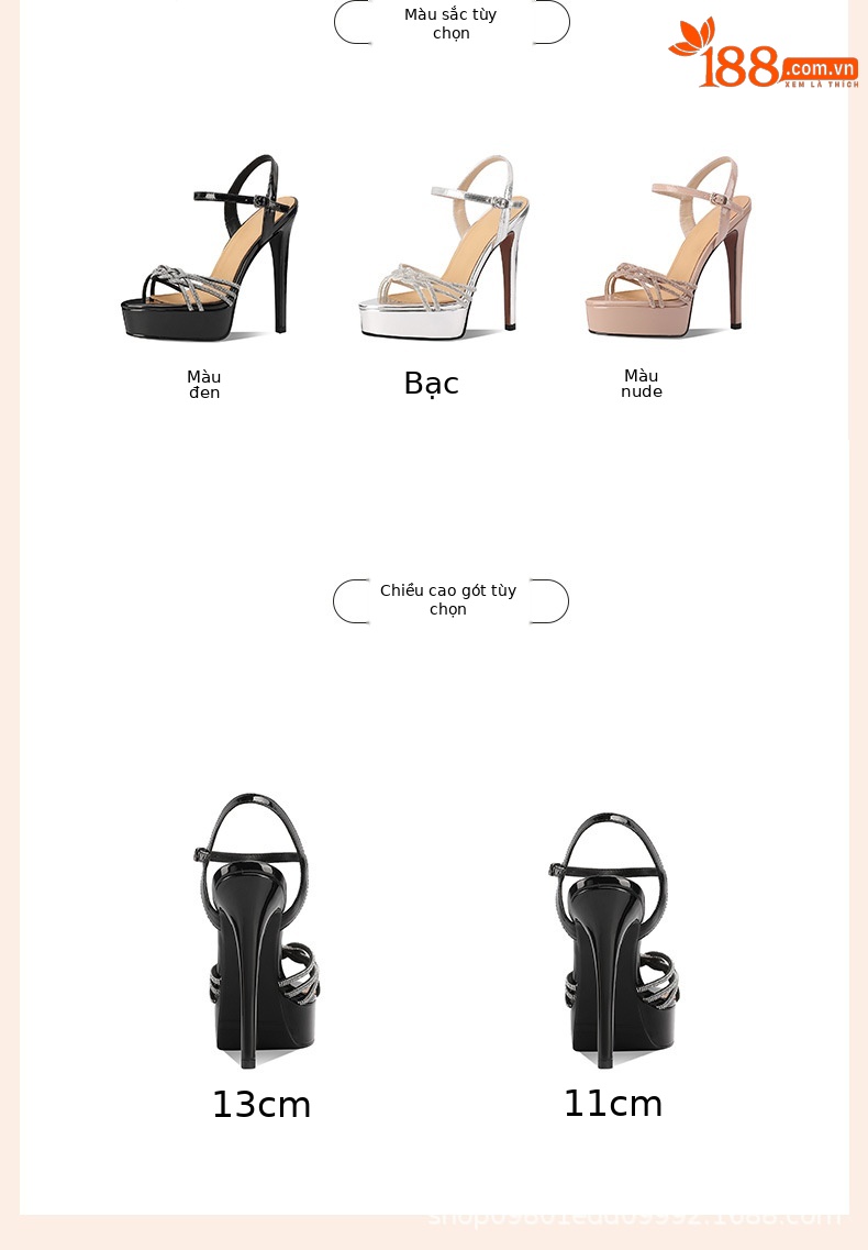 Sandal cao gót nữ quai ngang mũi tròn đế dày đính đá – gót siêu cao 13 cm — bạc ( 13cm ) chi tiết 1
