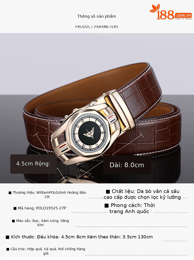 Thắt lưng nam da thật khóa tự động Paul cao cấp phong cách công sở — 120cm, 130cm, 110cm, 125cm chi tiết 6