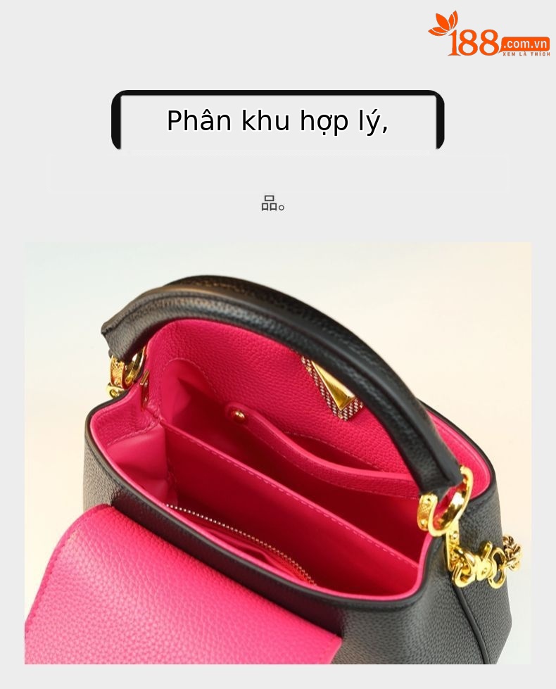 Túi bucket nữ phối màu da thật kiểu Pháp, đeo chéo và xách tay — Đen phối hồng, hồng với màu trắng chi tiết 5