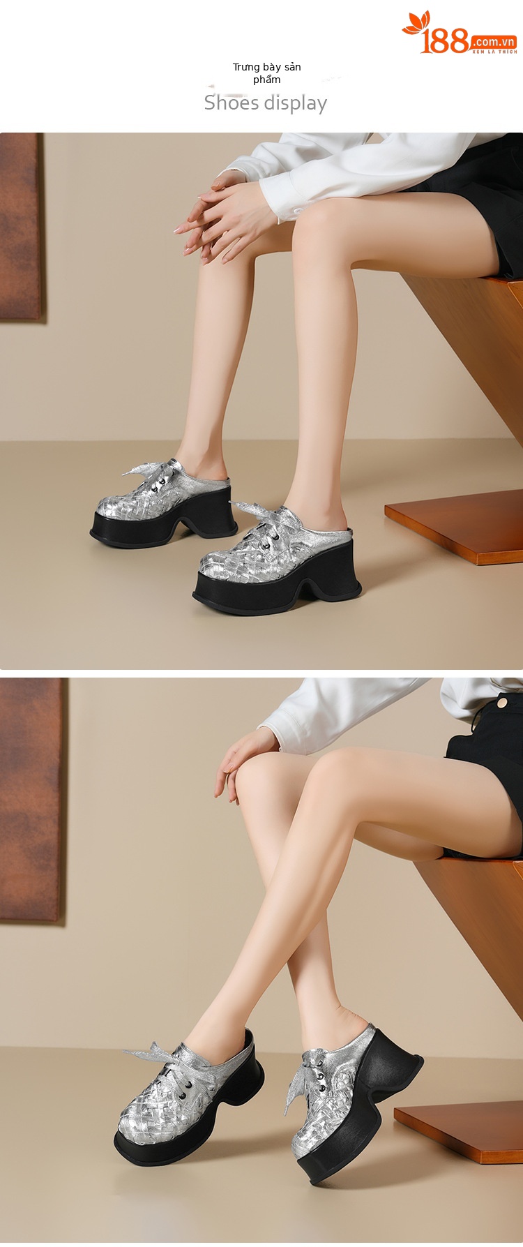 Giày mule nữ bít mũi đế dày da cừu màu bạc, gót 9cm, dệt kim, phong cách lười — Màu đen, Màu bạc chi tiết 5