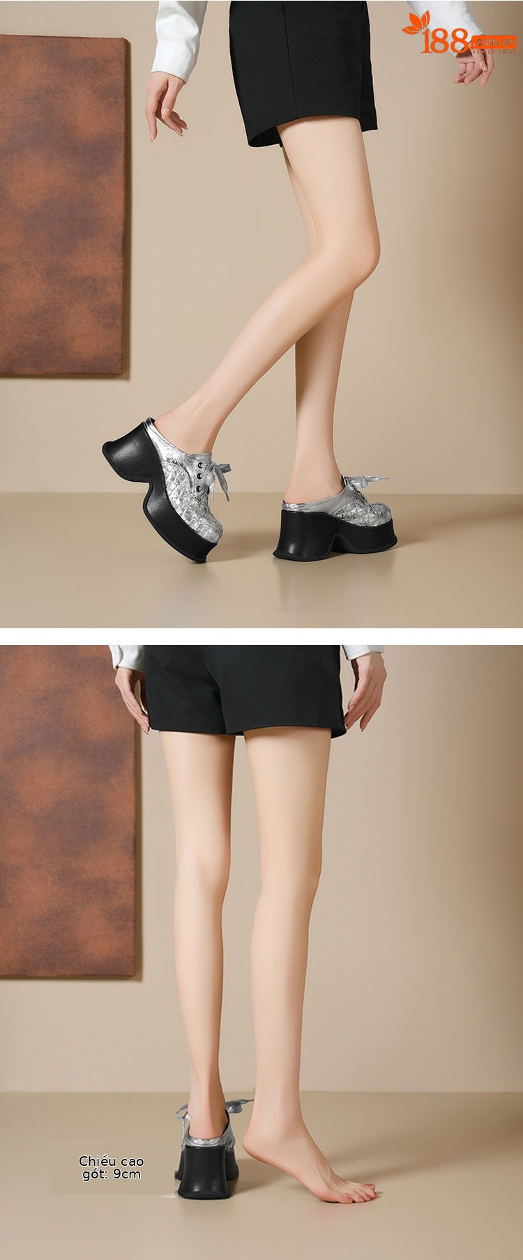 Giày mule nữ bít mũi đế dày da cừu màu bạc, gót 9cm, dệt kim, phong cách lười — Màu đen, Màu bạc chi tiết 7