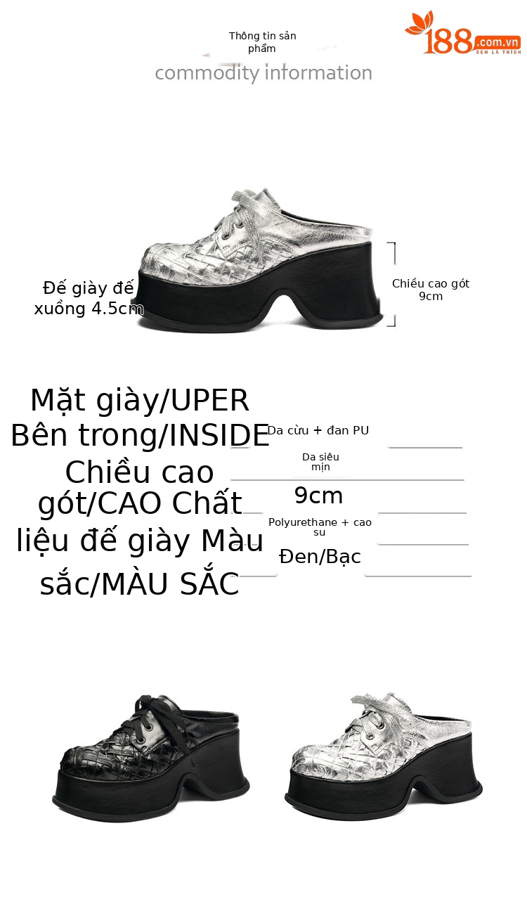 Giày mule nữ bít mũi đế dày da cừu màu bạc, gót 9cm, dệt kim, phong cách lười — Màu đen, Màu bạc chi tiết 3