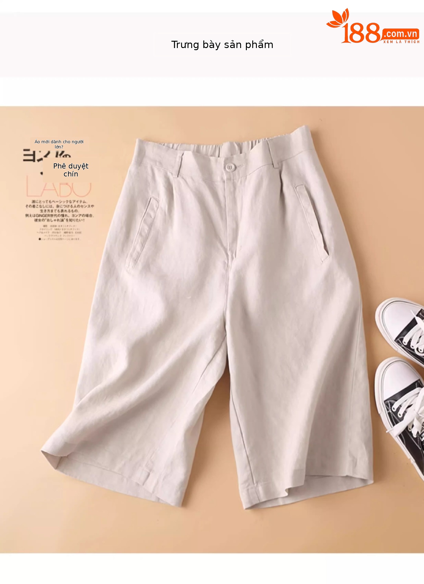 Quần short ống rộng 5 phần nữ chất liệu cotton linen màu cà phê kiểu dáng retro — Màu đen chi tiết 3