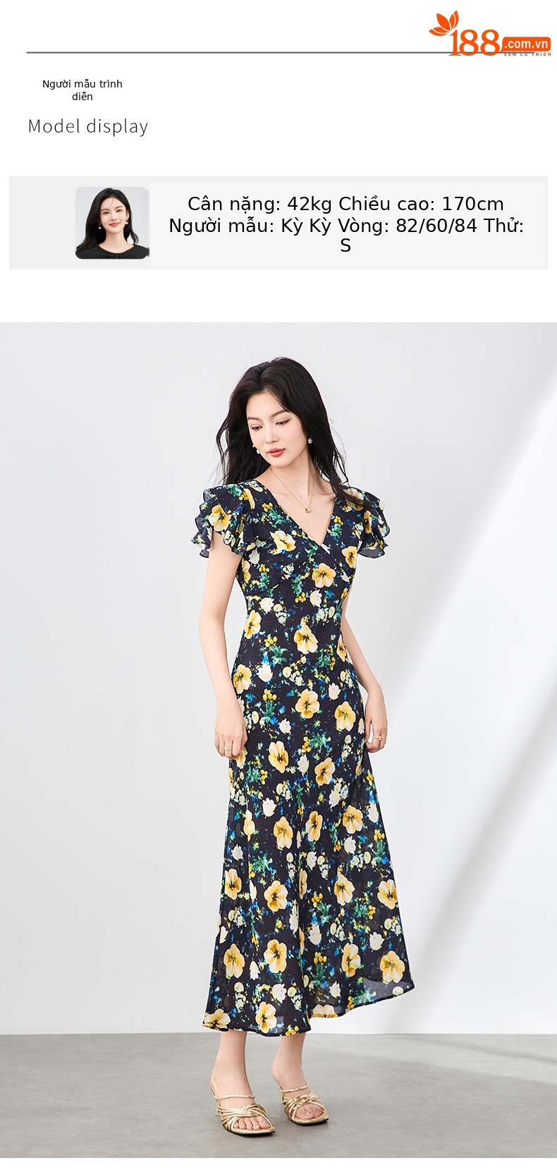 Váy dài lụa tơ tằm in hoa kiểu Pháp tay lá sen cổ chữ V — Nền đen hoa vàng chi tiết 6
