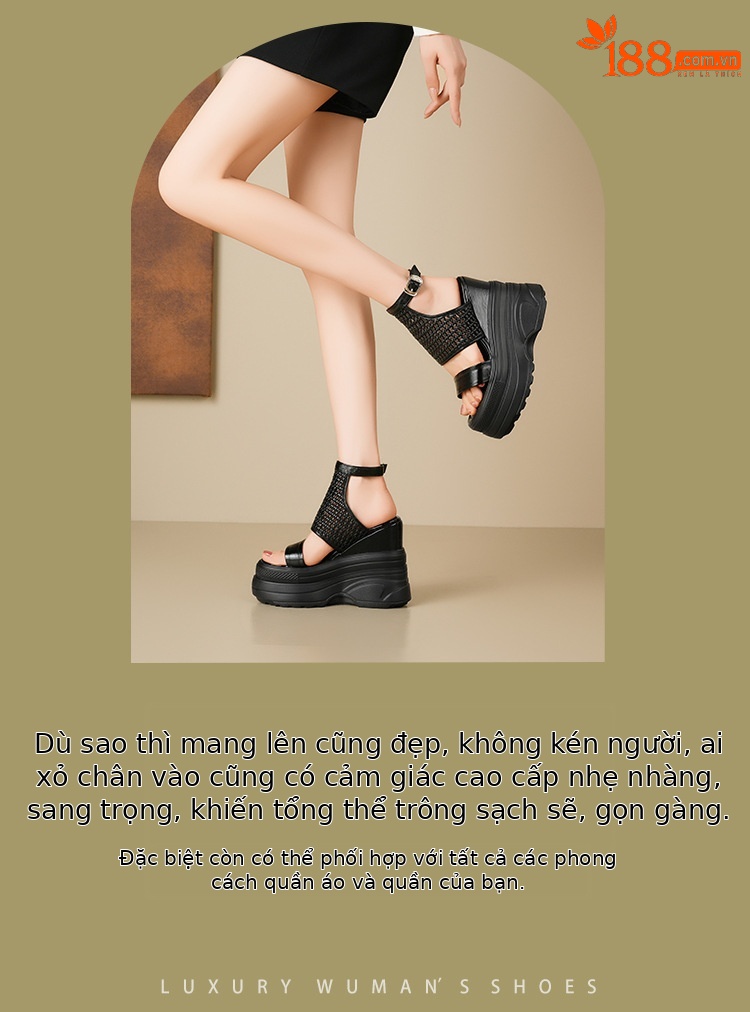Sandal La Mã nữ đế xuồng cao gót 14 cm hở mũi thoáng khí — Màu đen, Màu vàng nhạt, Màu bạc chi tiết 2