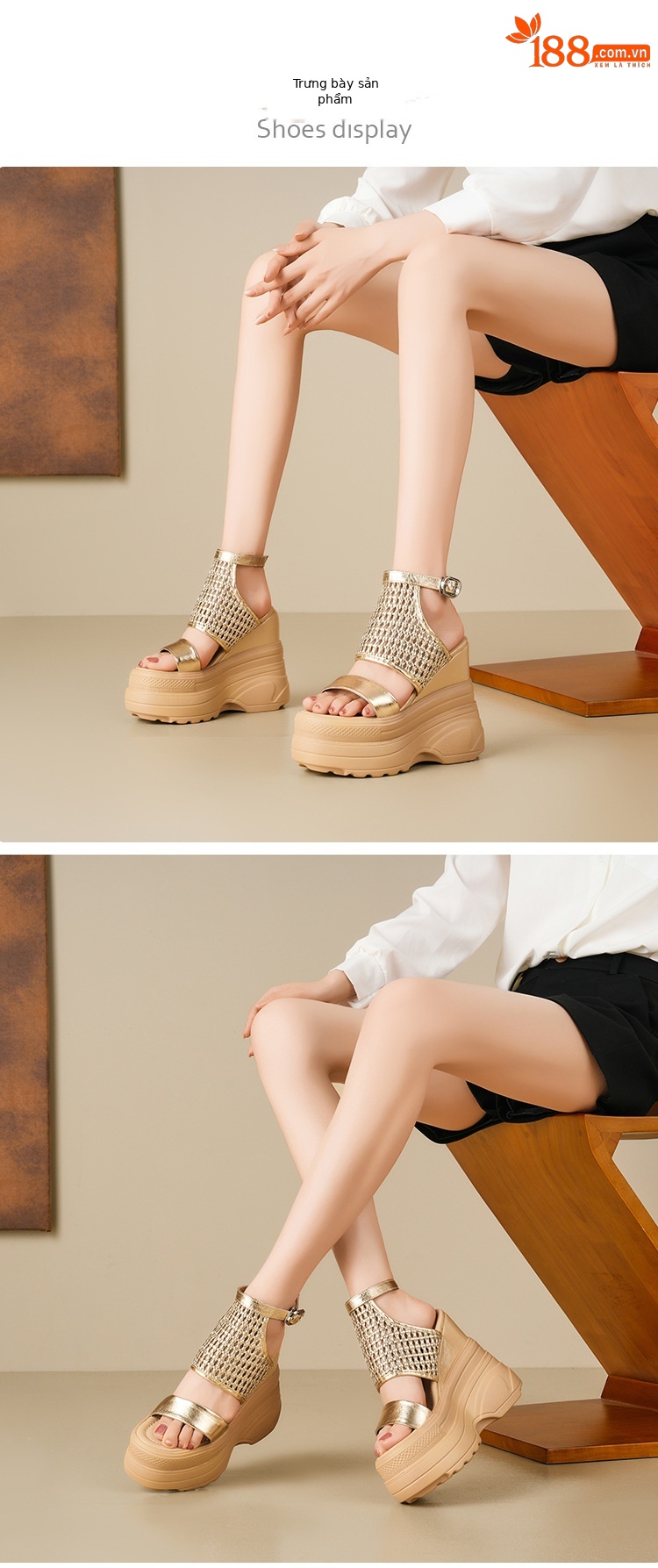 Sandal La Mã nữ đế xuồng cao gót 14 cm hở mũi thoáng khí — Màu đen, Màu vàng nhạt, Màu bạc chi tiết 5