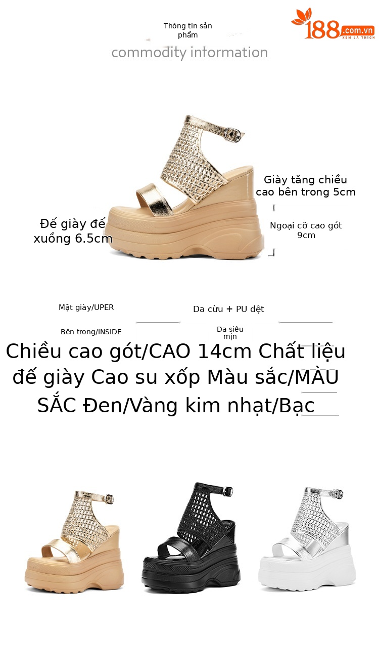 Sandal La Mã nữ đế xuồng cao gót 14 cm hở mũi thoáng khí — Màu đen, Màu vàng nhạt, Màu bạc chi tiết 3
