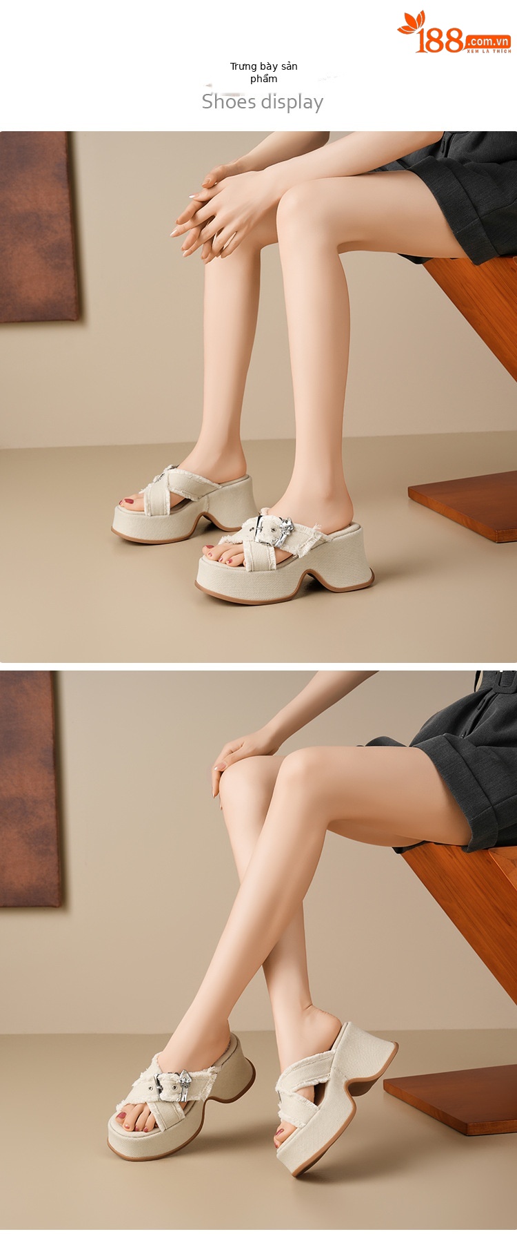 Dép sandal cao gót nữ hở mũi đế xuồng 9 cm quai ngang chất denim — Màu xanh lam denim, Vải bò trắng be chi tiết 5