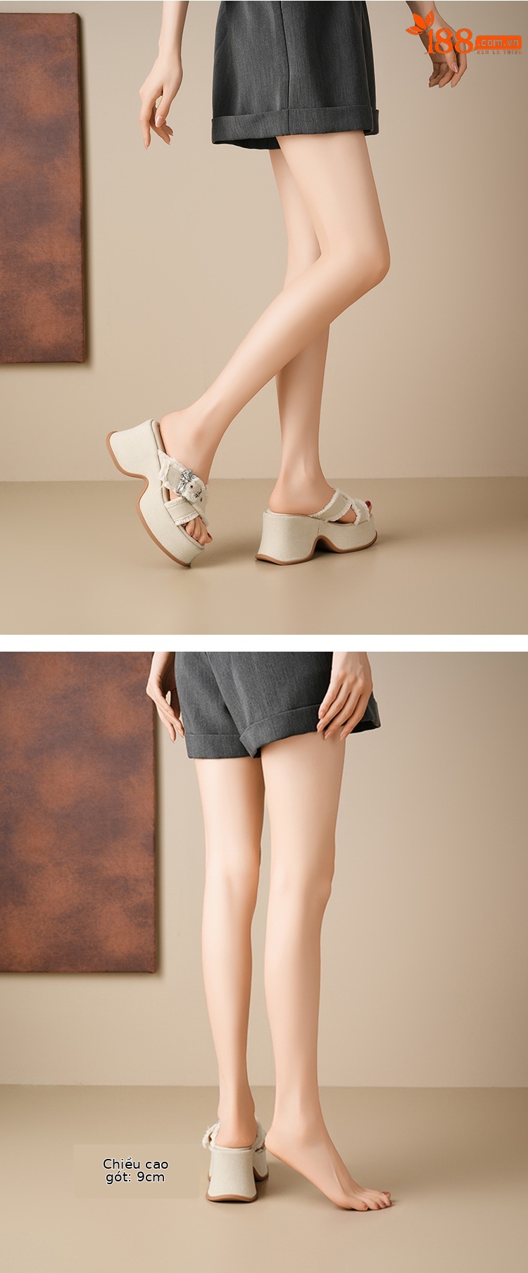 Dép sandal cao gót nữ hở mũi đế xuồng 9 cm quai ngang chất denim — Màu xanh lam denim, Vải bò trắng be chi tiết 7