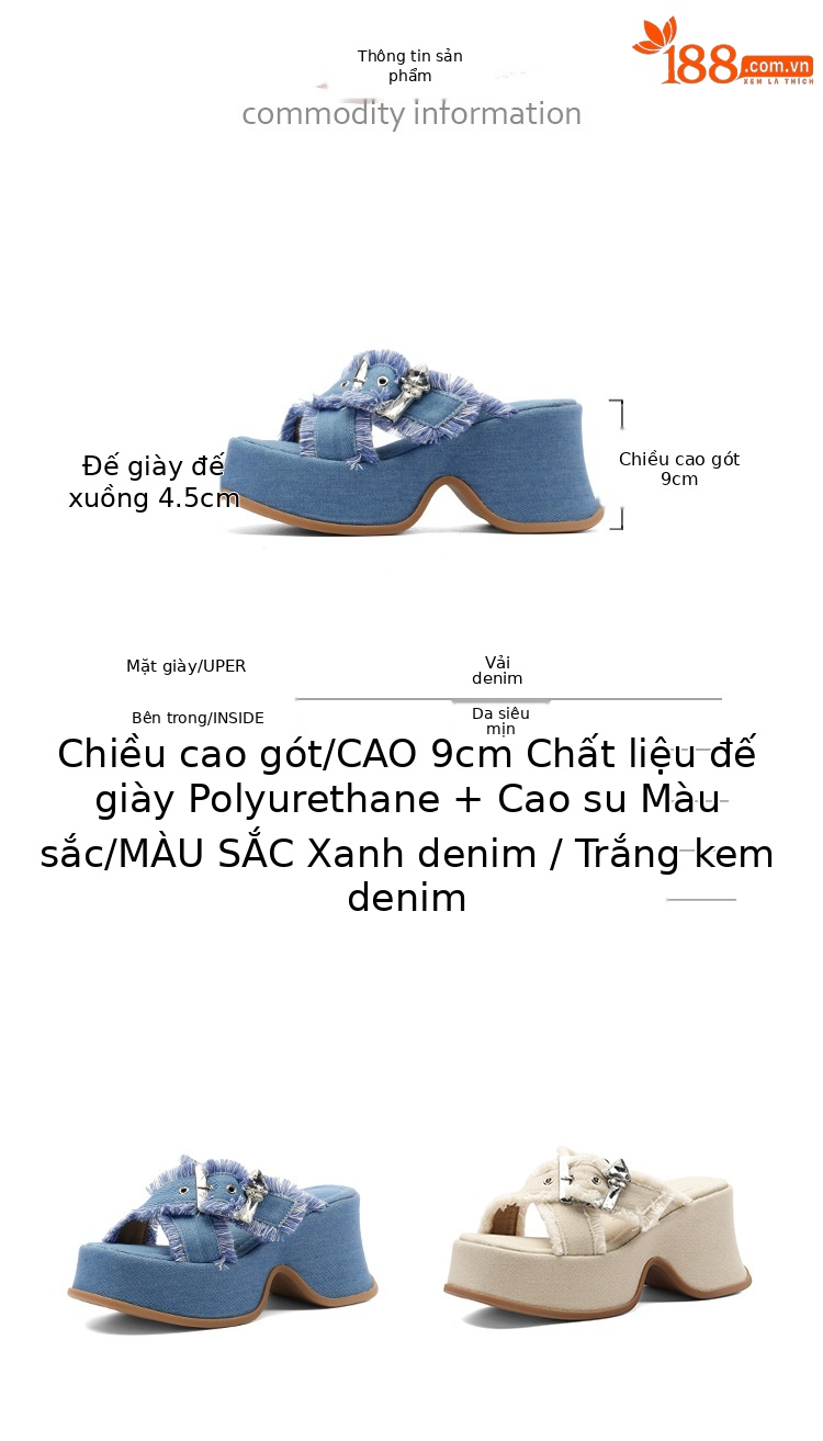 Dép sandal cao gót nữ hở mũi đế xuồng 9 cm quai ngang chất denim — Màu xanh lam denim, Vải bò trắng be chi tiết 3