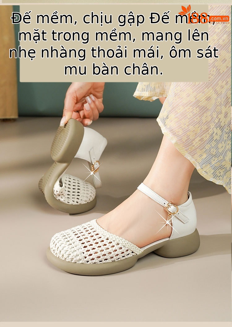 Xăng đan bít mũi da thật dệt rỗng kiểu La Mã cho nữ mùa hè đế bằng — Màu đen chi tiết 4