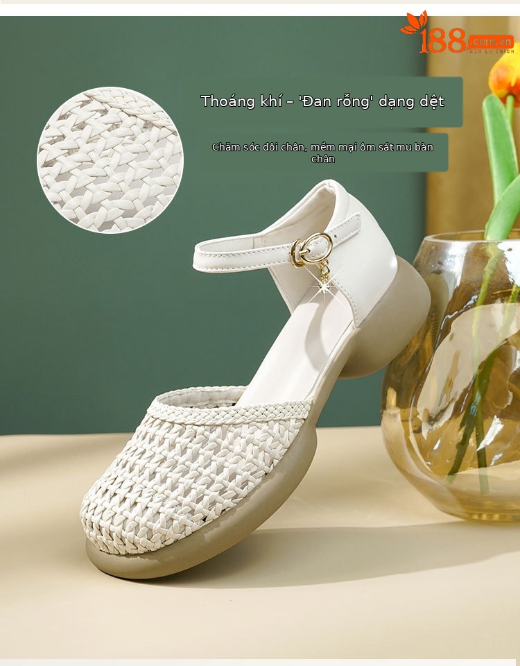 Xăng đan bít mũi da thật dệt rỗng kiểu La Mã cho nữ mùa hè đế bằng — Màu đen chi tiết 5