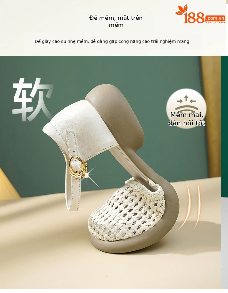 Xăng đan bít mũi da thật dệt rỗng kiểu La Mã cho nữ mùa hè đế bằng — Màu đen chi tiết 6