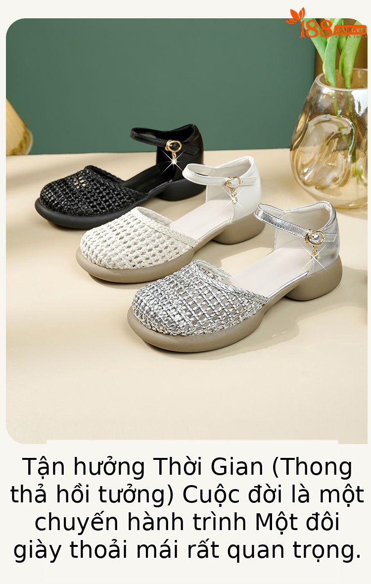 Xăng đan bít mũi da thật dệt rỗng kiểu La Mã cho nữ mùa hè đế bằng — Màu đen chi tiết 26