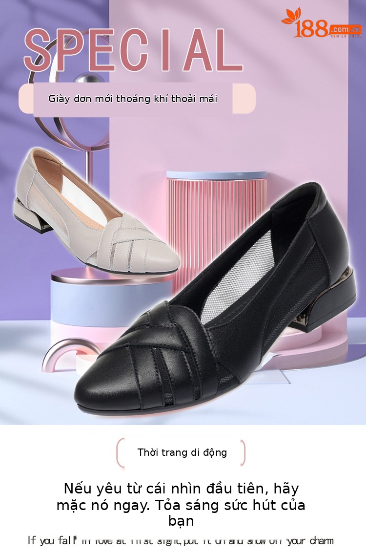 Sandal nữ da bò gót vuông thấp quai chữ V miệng nông mùa hè — Màu be xám (toàn bộ da bò) chi tiết 1