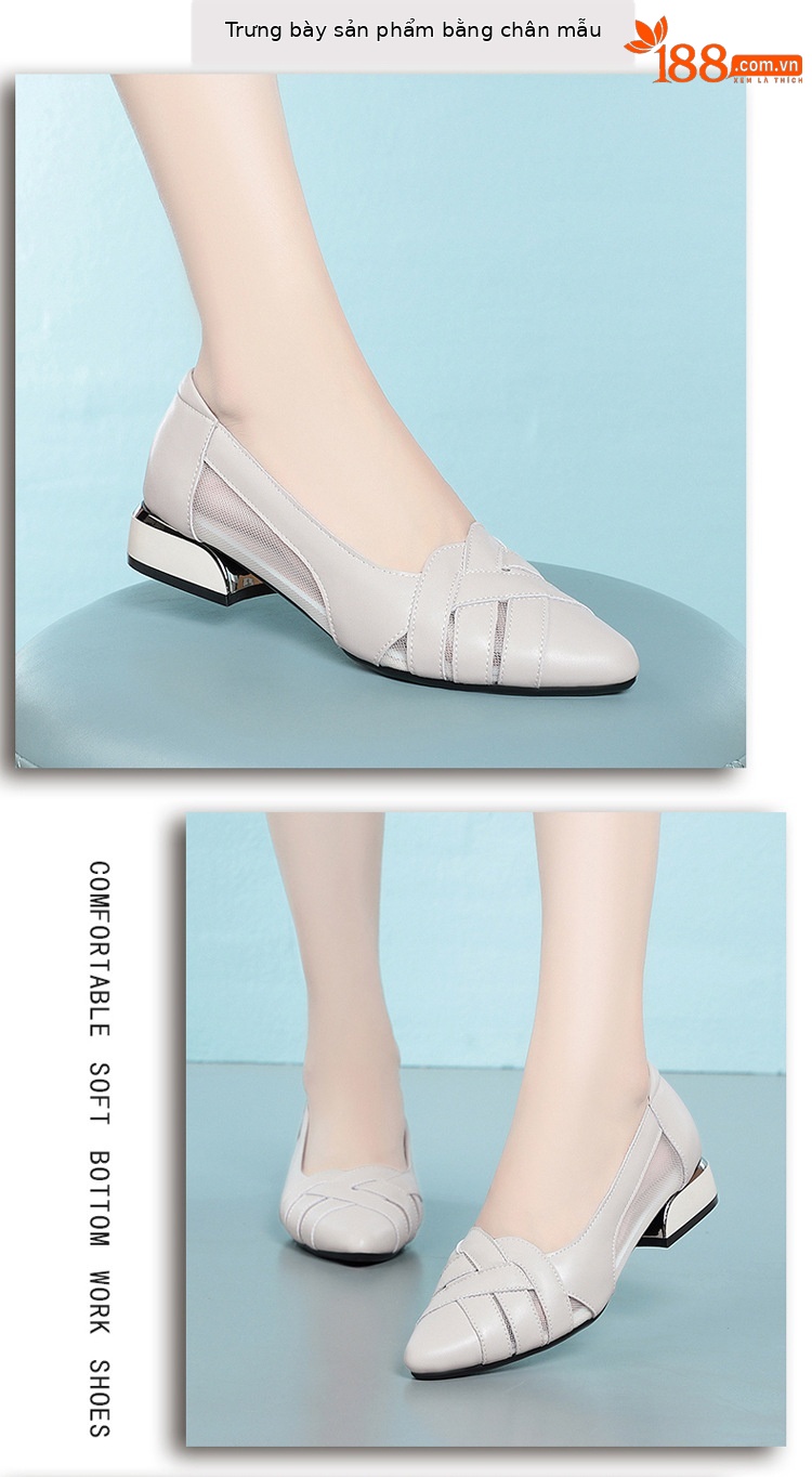 Sandal nữ da bò gót vuông thấp quai chữ V miệng nông mùa hè — Màu be xám (toàn bộ da bò) chi tiết 7