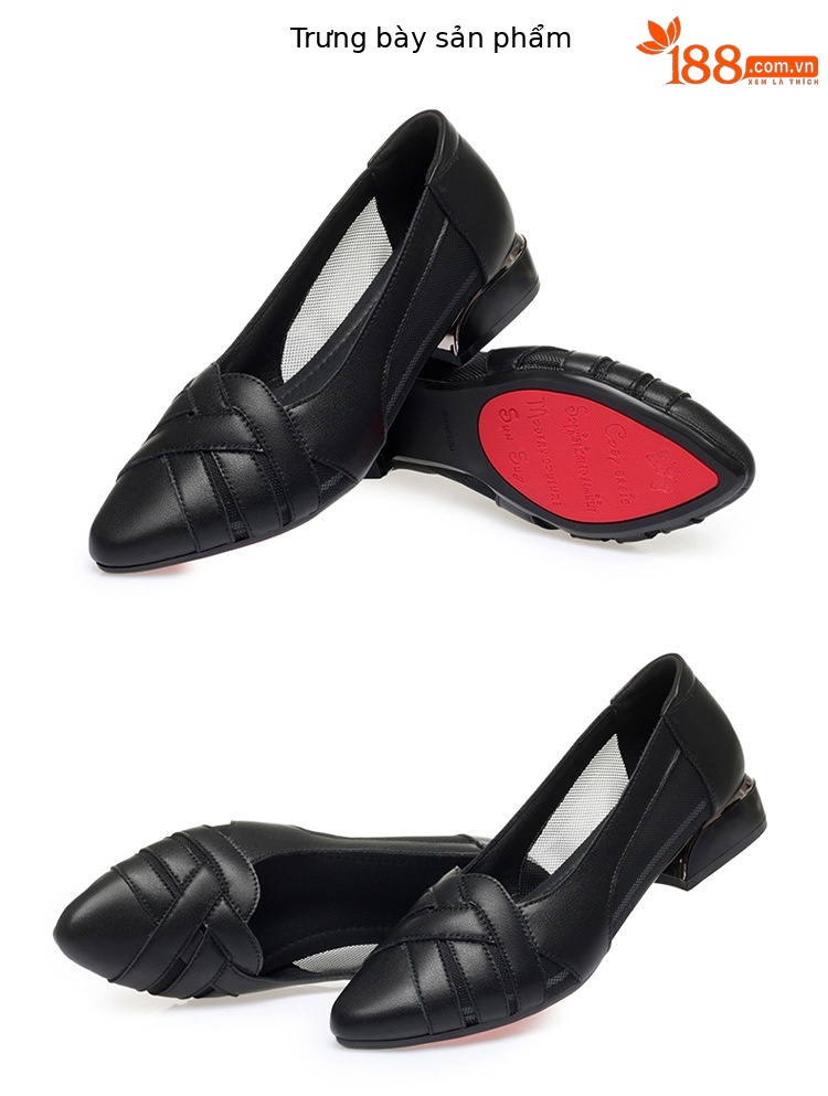 Sandal nữ da bò gót vuông thấp quai chữ V miệng nông mùa hè — Màu be xám (toàn bộ da bò) chi tiết 13
