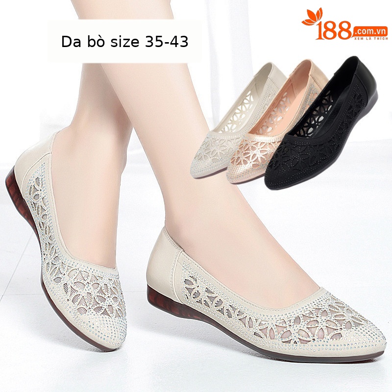 Sandal nữ da thật đế bệt lưới thoáng khí, dáng xỏ ngón mềm mại — Màu be