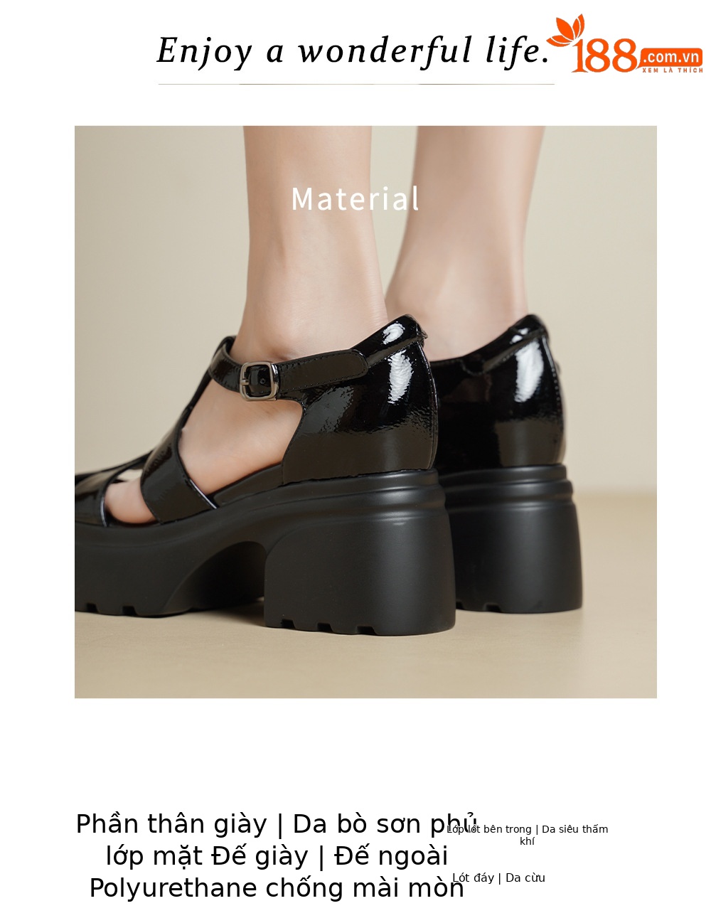 Sandal bít mũi gót cao 10cm khóa chữ T họa tiết rỗng đế dày bánh xốp — Màu đen, Màu trắng chi tiết 2