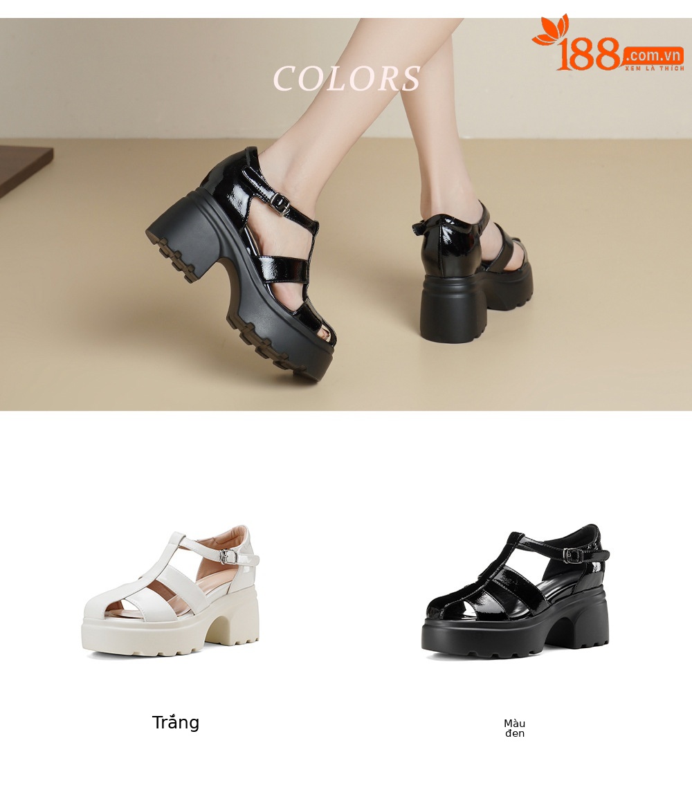 Sandal bít mũi gót cao 10cm khóa chữ T họa tiết rỗng đế dày bánh xốp — Màu đen, Màu trắng chi tiết 3