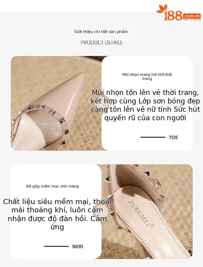 Sandal cao gót nữ đinh tán mũi nhọn gót 9 cm — Màu đen chi tiết 1