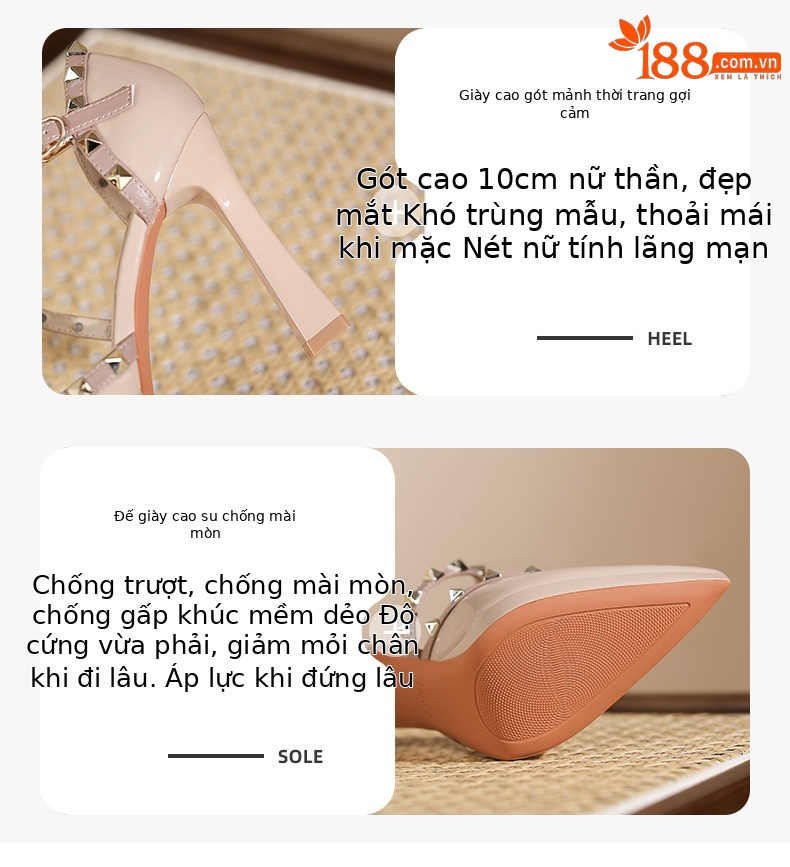 Sandal cao gót nữ đinh tán mũi nhọn gót 9 cm — Màu đen chi tiết 2