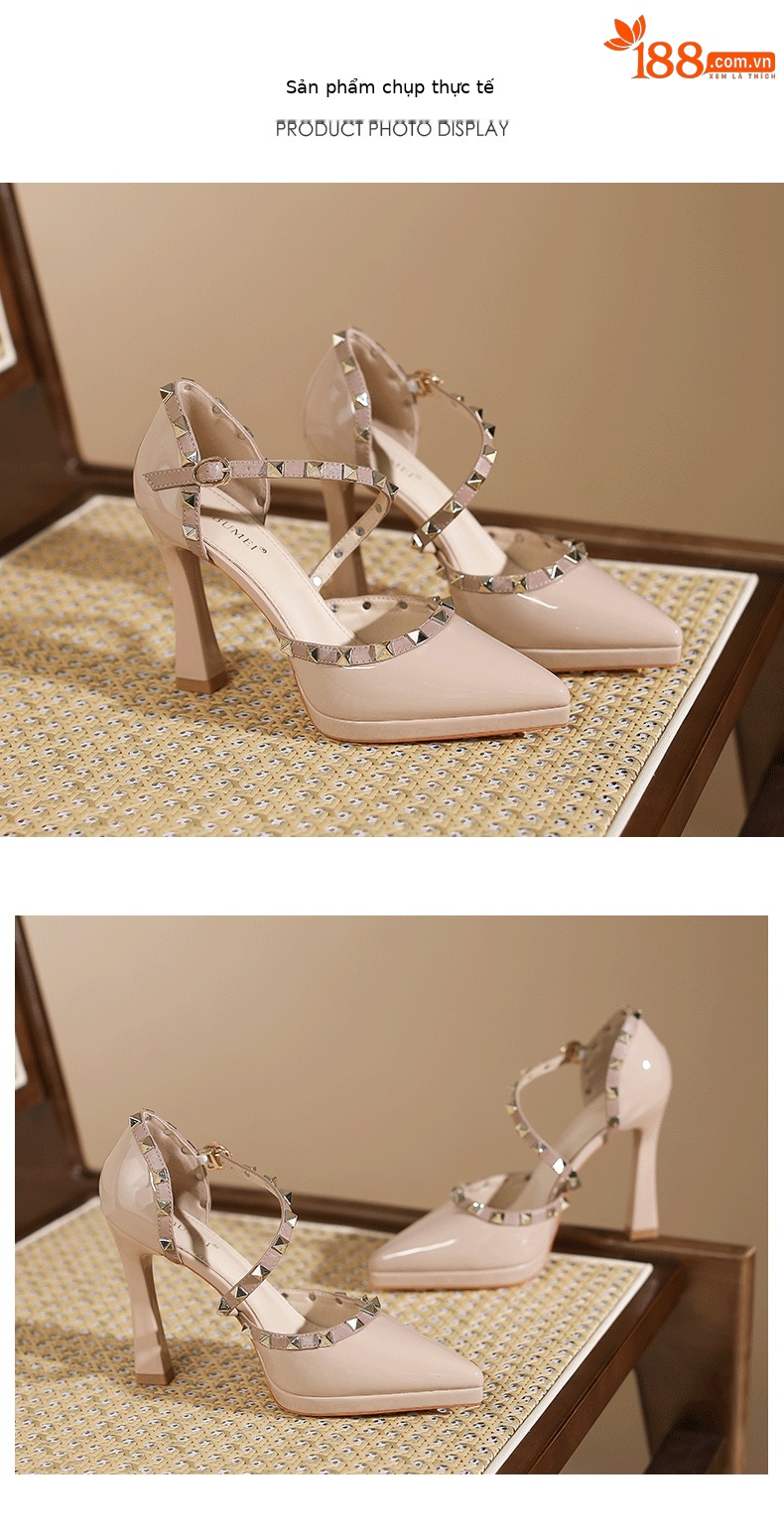 Sandal cao gót nữ đinh tán mũi nhọn gót 9 cm — Màu đen chi tiết 7
