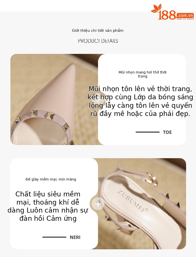 Sandal cao gót nữ mũi nhọn hở mũi, gót nhọn đinh tán, đế chống thấm nước — Xanh lam nhạt chi tiết 1