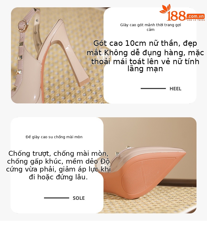 Sandal cao gót nữ mũi nhọn hở mũi, gót nhọn đinh tán, đế chống thấm nước — Xanh lam nhạt chi tiết 2