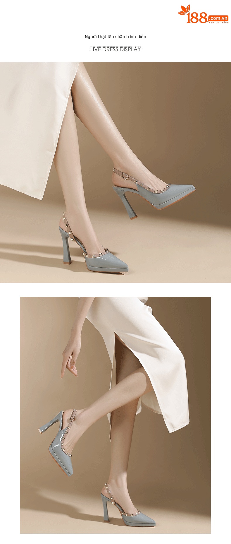 Sandal cao gót nữ mũi nhọn hở mũi, gót nhọn đinh tán, đế chống thấm nước — Xanh lam nhạt chi tiết 3